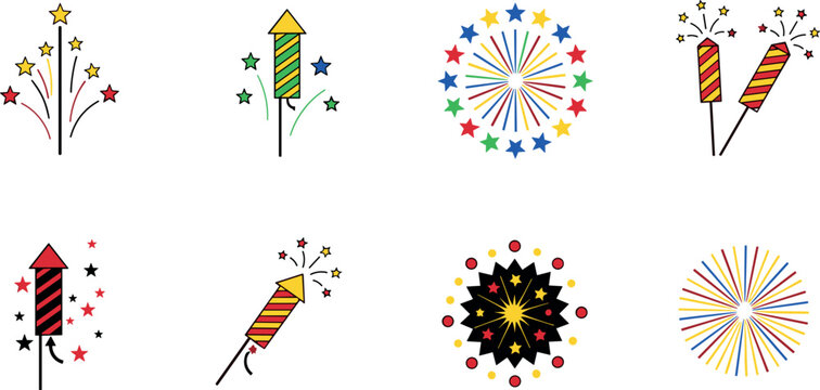 Colorful fireworks icon set with rockets and bursts, celebration festival elements collection, festive spark effects vector illustration design