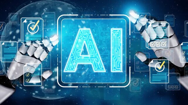 Futuristic robotic hands interacting with a glowing AI symbol surrounded by digital checkmarks and data on a cosmic background Sigmoid