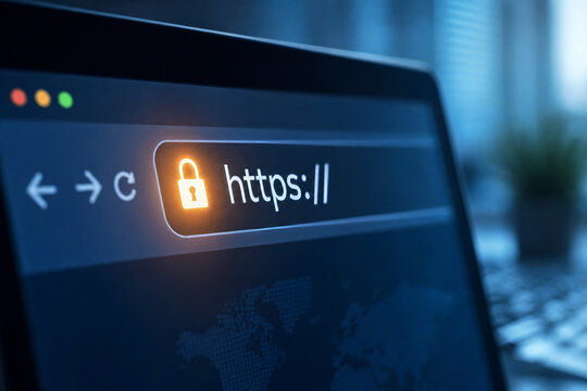 Close-up of a laptop screen displaying a secure https URL