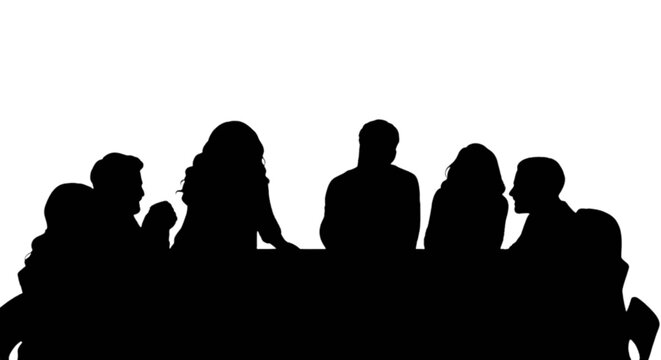Silhouettes of people sitting around table isolated on transparent background, Vector