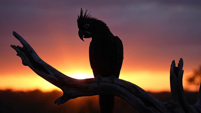 Silhouette of a Spix's Macaw perched on a branch at sunset