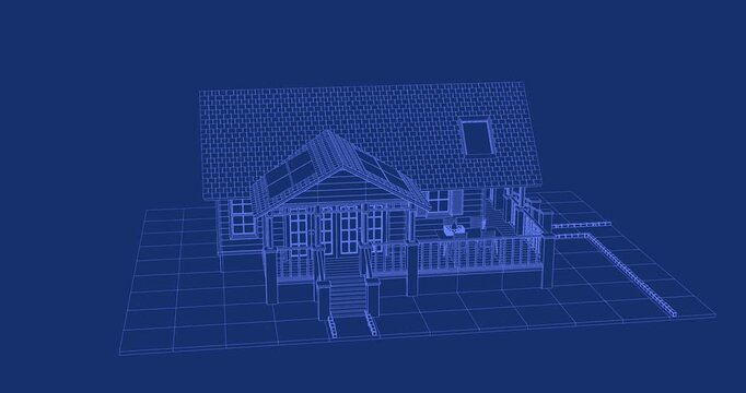 Two-story house blueprint clean line art 360 degree loop animation residential home blue background white outline