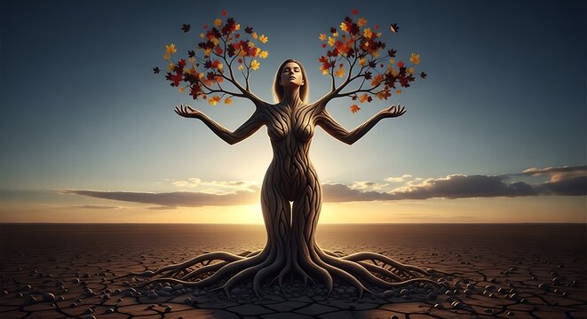 Surreal woman shaped as an ancient tree with colorful autumn leaves stands in a pose of complete peace and mindfulness