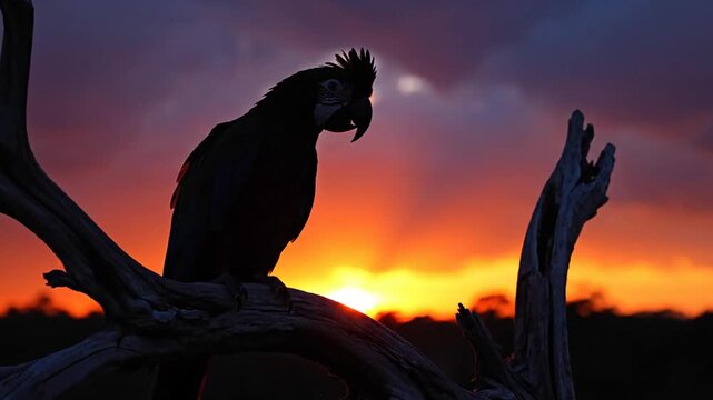 Spixs Macaw Silhouette Perched on Branch at Sunset