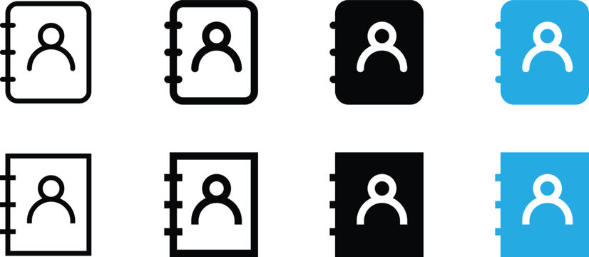 Set of contact book icons in various styles, including outline, bold, solid, and blue design