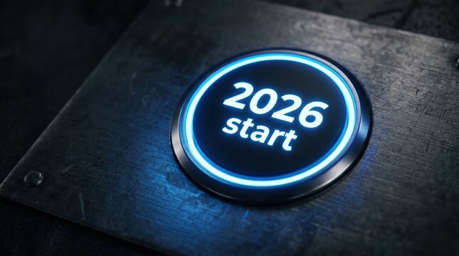 Glowing industrial start button for year 2026 on dark metallic surface with futuristic beginning interface technology