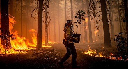 Fototapeta premium A female firefighter wears a protective respirator mask while carrying a small green potted plant through a dangerous burning area.