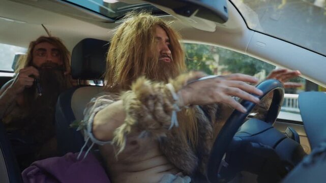 Cavemen Driving a Modern Car An Amusing and Humorous Contrast of Ancient Meets Modernity
