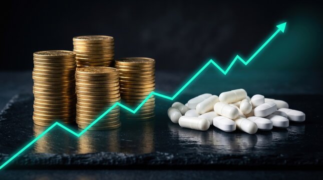 Rising medical costs and financial investment concept with gold coins and pharma pills on slate medicine investment