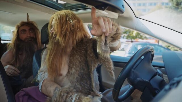 A caveman is hilariously navigating a modern car while surrounded by an urban environment