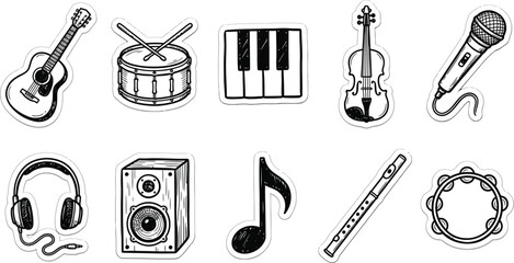 Hand drawn doodle music sticker pack instruments icons guitar piano drum microphone headphones black line vector set illustration minimal © ArtFlex
