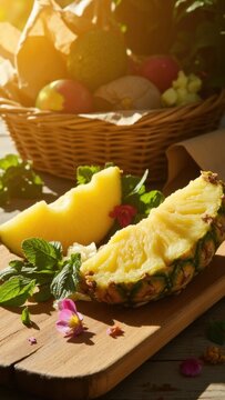 Close-up photo of sliced pineapple on a wooden cutting board. The image is bright and vibrant, emphasizing the freshness and appeal of the tropical fruit.