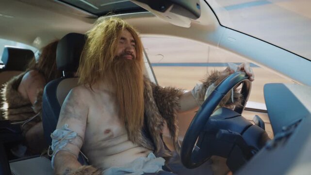 A caveman confidently driving a modern car, blending ancient life with contemporary adventure,
