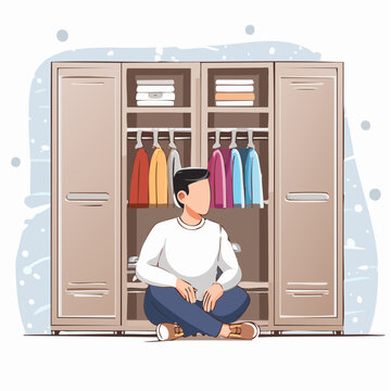 Man Sitting in Front of Open Wardrobe with Clothes