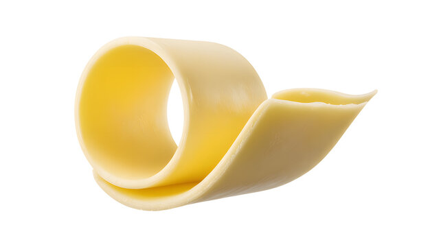 A curled slice of cheese on a white background