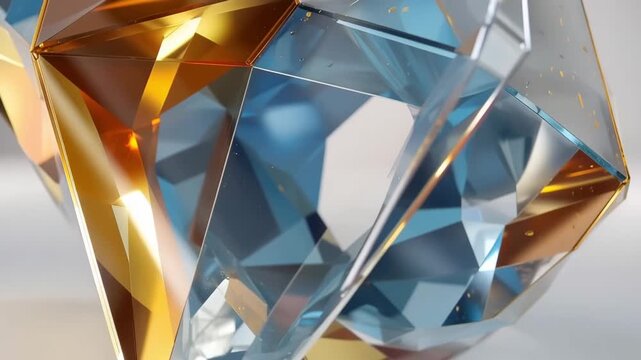 Abstract geometric sculpture featuring translucent blue and gold facets with shimmering gold leaf texture