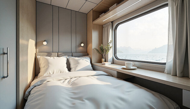  Modern train sleeping compartment with compact bed and bedding