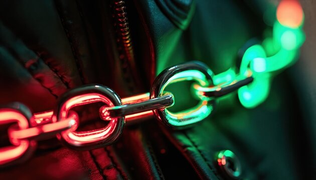 Close up of thick metal chain with neon red, green lights glowing on black leather jacket. Chain links connect to clothing, creating futuristic, edgy fashion look. Image conveys sense of modern