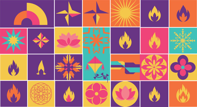 Colorful geometric icons collection with abstract shapes flowers flames sun symbols modern flat design vector illustration set