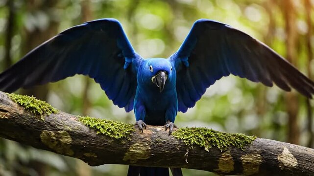 Vibrant Blue Spixs Macaw in Flight and Perched on Mossy Branch