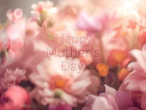 Soft focus background of pink and peach flowers with happy mother's day text greeting celebration background sentiment appreciation special occasion romantic pastoral delicate happiness