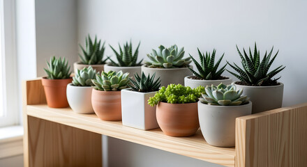 Fototapeta premium Indoor potted plants arranged on wooden shelf creating modern home decor aesthetic with greenery perfect for interior design lifestyle and minimal natural living concepts