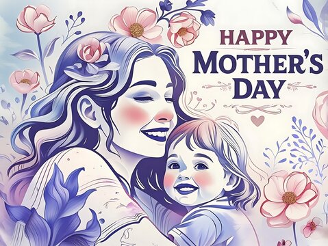 Mother and child illustration celebrating mother's day with flowers mothers day illustration celebration greeting children together portrait painting botanical sentiment appreciation