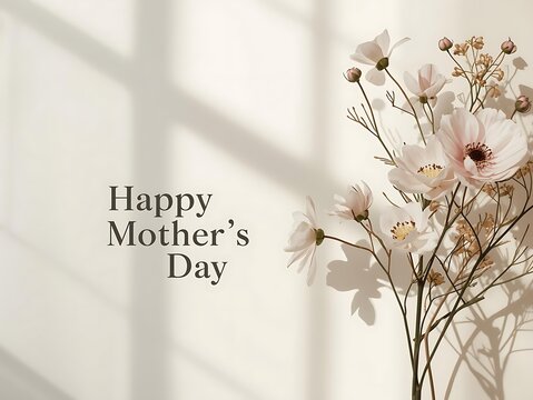 Happy mother's day with shadowed flowers on a textured wall mothers day greeting celebration decoration sentiment appreciation beautiful natural light interior copy space contrast occasion