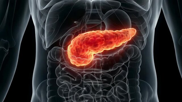 3D human pancreas with severe inflammation, glowing red highlights, on black background, medical visualization of acute pancreatitis, anatomy detail, 4K video