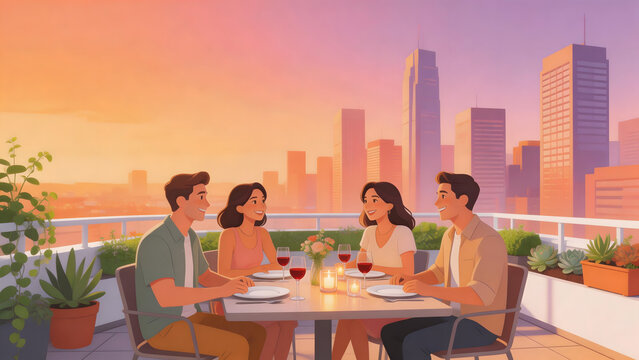 Four people dining on a rooftop at sunset