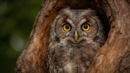 Fototapeta premium Owl peeking from tree hollow