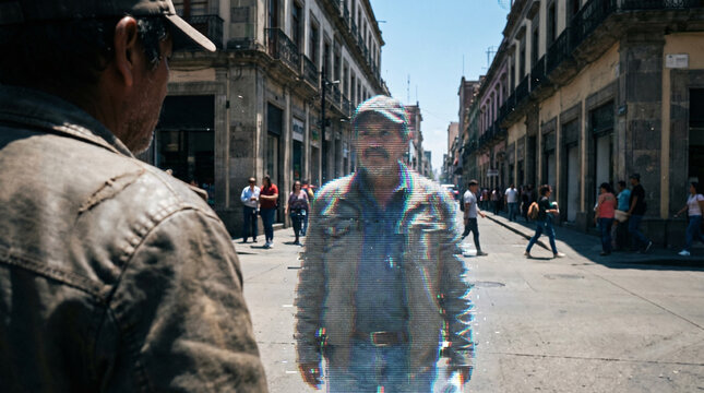 Digital clone crisis depicted with a man facing his reflection in a bustling urban street, showcasing mirrored identity and existential themes in bright daylight