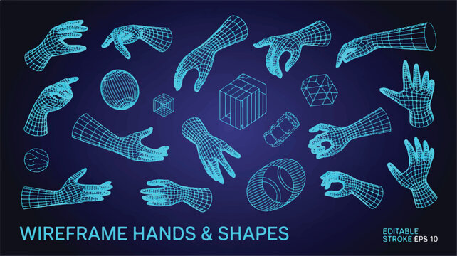 Wireframe hands and geometric shapes in a neon blue digital art style