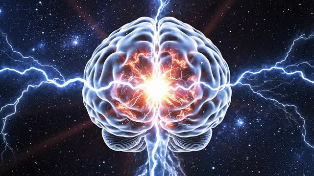 Electricity illuminates brain in space with lightning and stars