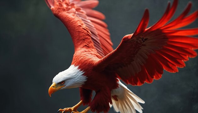 Majestic red and white eagle bird flies in air. Fierce raptor with open wings soars over dark background. Bird of prey shows sharp talons and beak. Ornithology concept.