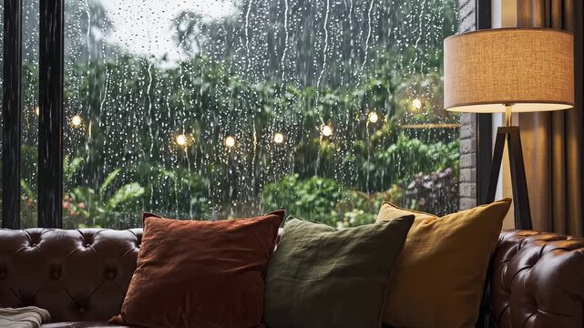 Rainy day interior with sofa and lamp for outdoor lifestyle brands and nature documentaries