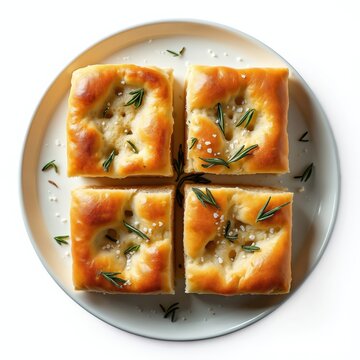 Four squares of focaccia bread with rosemary and coarse salt on a light grey plate. Freshly baked Italian flatbread is golden brown with dimples from olive oil and herbs.