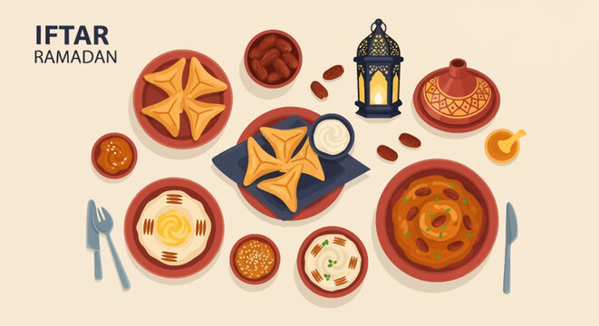 Flat lay vector illustration of an Iftar table for Ramadan featuring traditional dishes including samosas, dates, hummus, tagine, and a decorative lantern on a cream background.