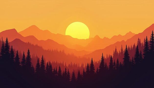 Sunset over layered mountain range with pine tree forest silhouette. Warm orange sky and glow illuminate distant peaks. Nature landscape scene with coniferous woods.
