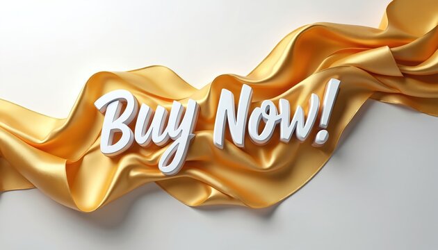 White 3D text Buy Now. on flowing golden ribbon. Elegant script font signifies promotion offer or luxury purchase. Great for e-commerce banners.