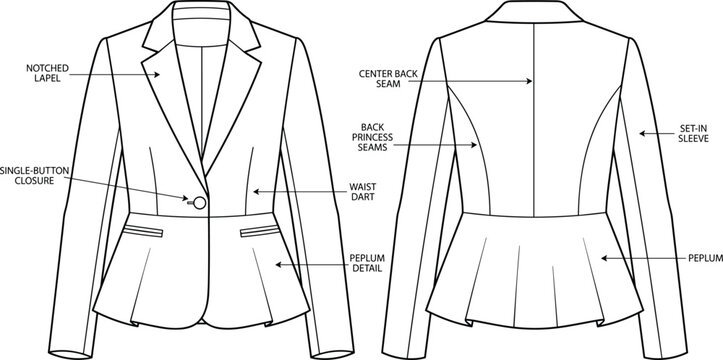 Technical fashion flat sketch of a women's peplum blazer with front and back views including garment construction details and labels