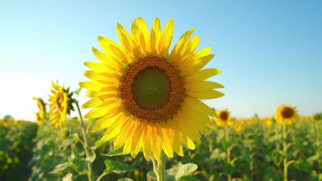 Dew-kissed golden sunflower ECU, slow dolly out to vast field in golden hour, soft bokeh and azure sky, concept of natural abundance and pristine beauty