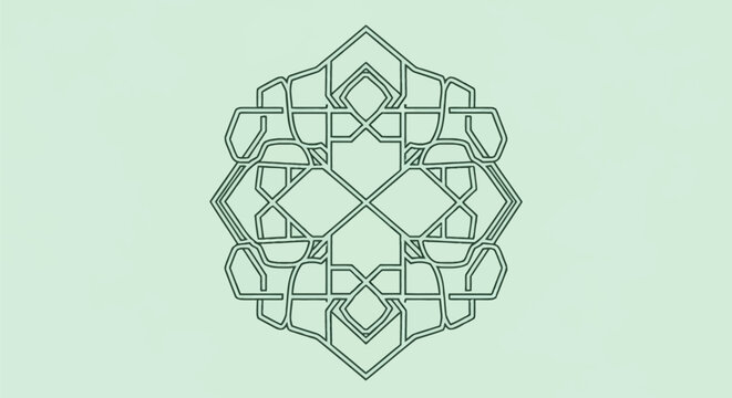 Symmetrical Islamic geometric pattern with dark green line art on light mint background, interlocking octagonal star design with overlapping polygons and a central diamond motif.