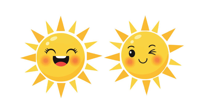 Two cute yellow sun characters with happy faces and bright expressions on a clean white background