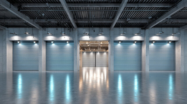 Roller door or roller shutter using for factory, warehouse or hangar. Industrial building interior consist of polished concrete floor and closed door for product display or industry background.