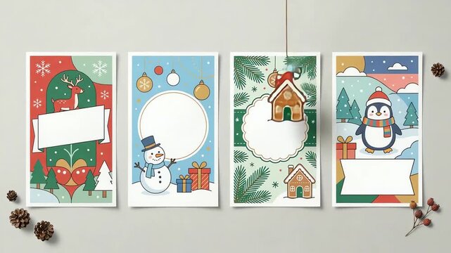Festive holiday-themed greeting cards featuring winter characters and decorations