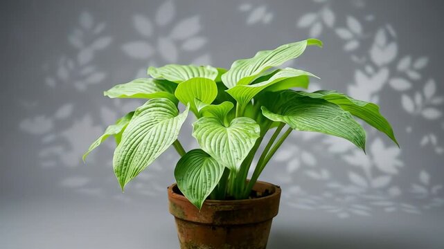 Lush green hosta plant in a rustic pot, casting intricate leaf shadows on a gray backdrop
