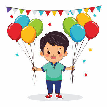 Happy Boy Holding Colorful Balloons and Party Bunting