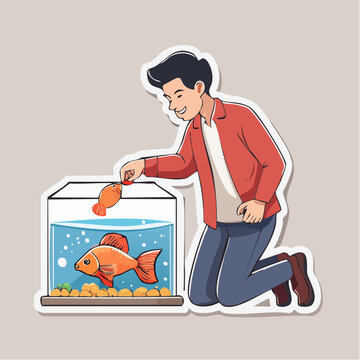 Man Feeding Goldfish in Aquarium