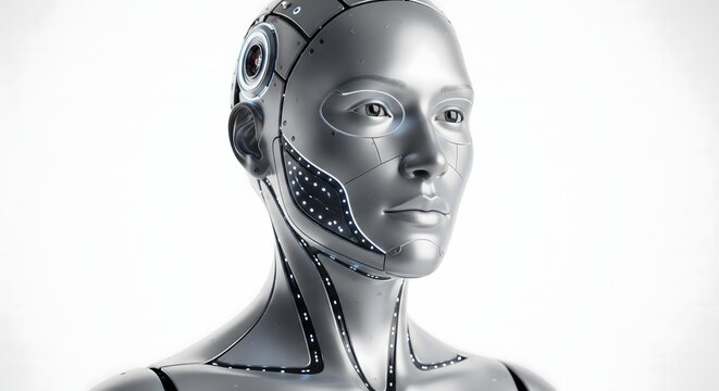 A highly detailed portrait of a humanoid female robot with metallic silver skin and glowing blue light accents against a clean white background